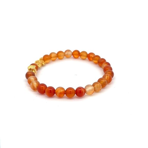 18K Gold Pixiu Piyao Money Bag Lucky Charm Bracelet Gemstone Carnelian 6mm - Picture 2 of 4